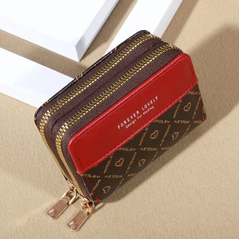 RFID Protection Mini Wallet - Chic Faux Leather with Double Zipper, Multiple Card Slots & Slip Pocket, Compact Classic Clutch