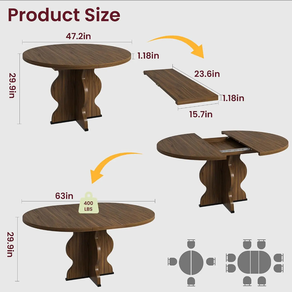 47"-63" Extendable Round Dining Table for 4-8