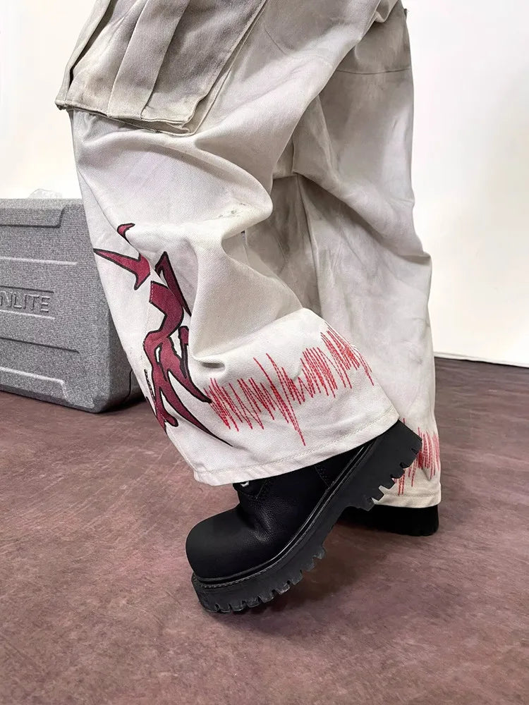 Cyber Y2K Streetwear Dirty Washed White Baggy Cargo Jeans Pants