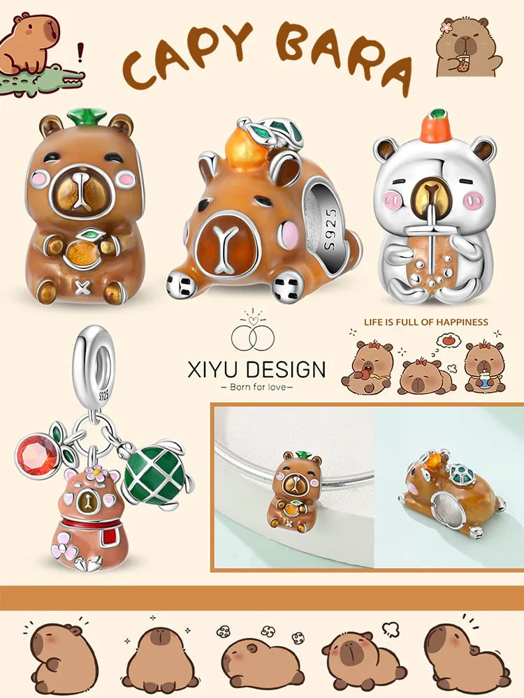 Cute Pet Series Capybara Couples Charms Eat Fruit Beads Fit DIY 925 Silver Bracelet Necklace Women Anniversary Jewelry Gift