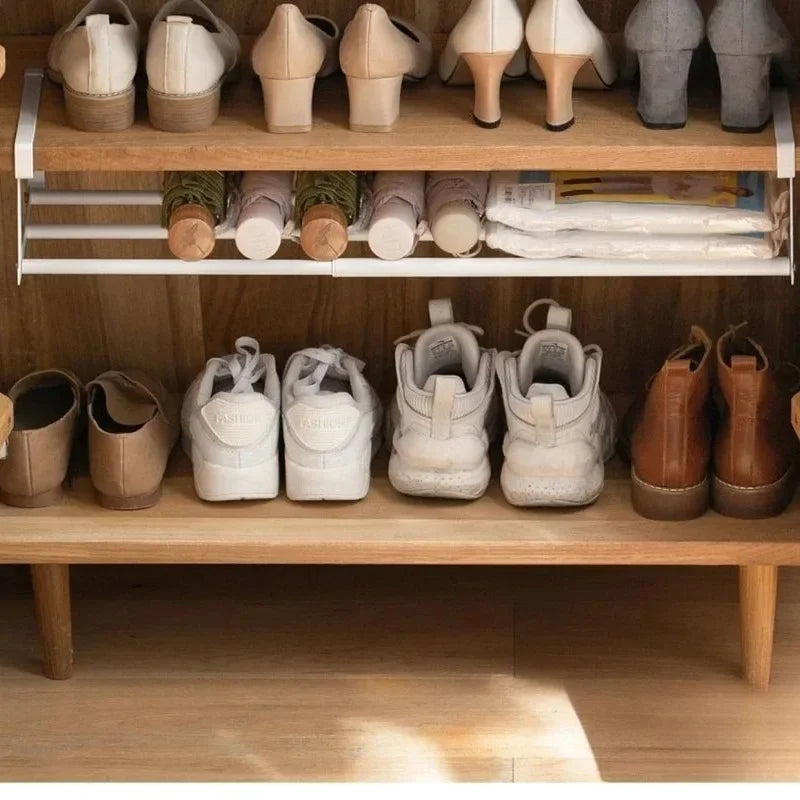 Adjustable Shoe Rack | Space-Saving Layered Organizer For Home Shoe Cabinets | Under-Shelf Shoe Holder With Hanging Basket
