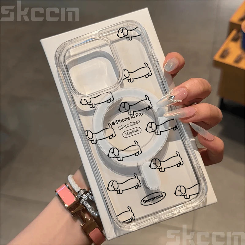Cute Dachshund Bulldog Pattern Magnetic Phone Case For iPhone 17 16 15 14 13 12 11 Pro Max 16E X XS XR Clear Hard Cover