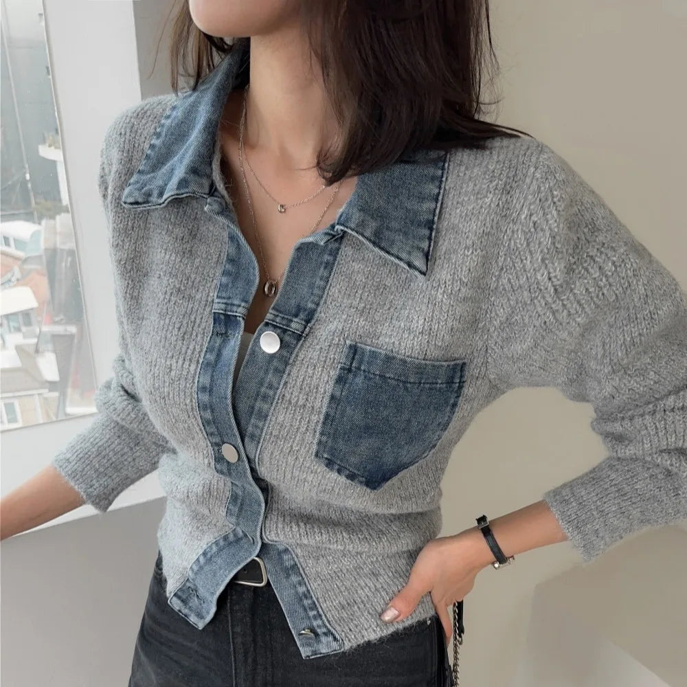Oversized Knit Sweater Women Denim Patch Cardigan with Open Front