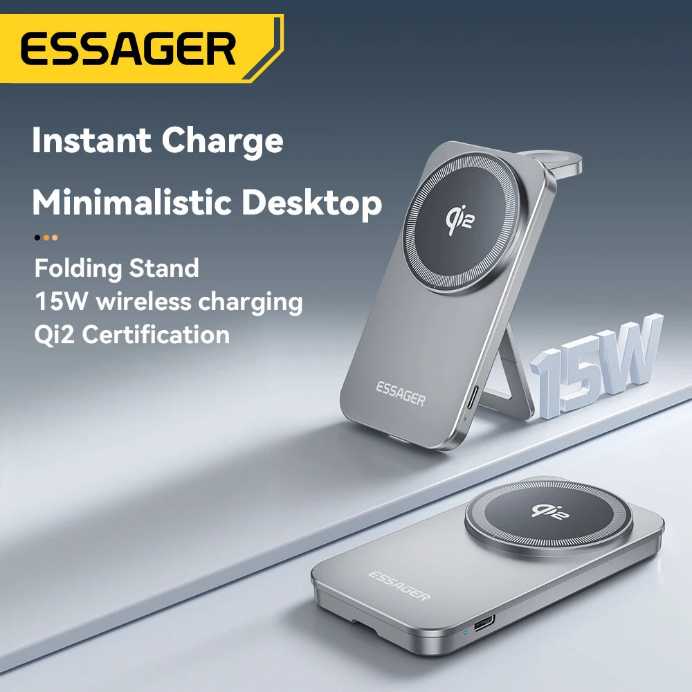 Essager Qi2 Magnetic Wireless Charger 15W 2 in 1 Foldable Fast Charging Station Holder for ihone 16 15 14 IWatch Ultra Airpods