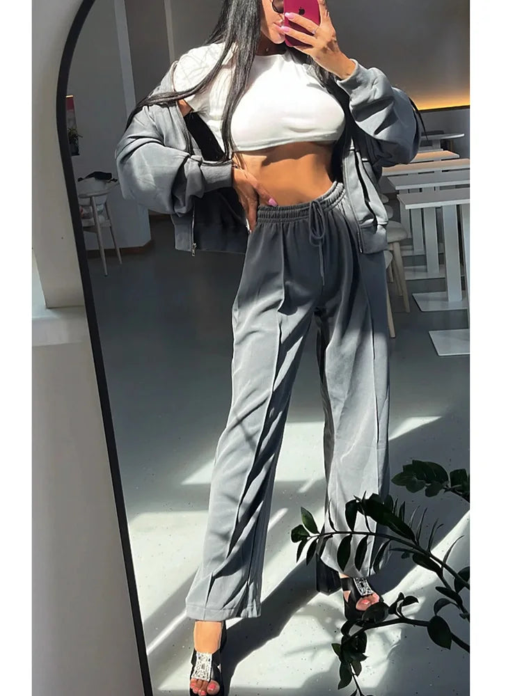 Gray Straight Pants Two Pieces Sets Women Outfit Long Sweatpants Street Wear Zipper Jacket Track Suits Sweatshirt Sets For Women