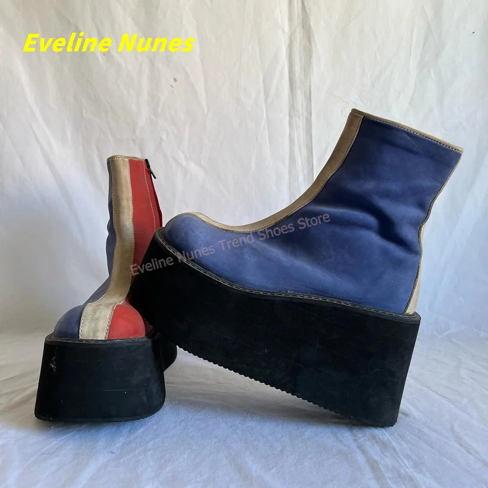 Y2K Red Blue Platform Ankle Boots Round Toe Side Zipper Color