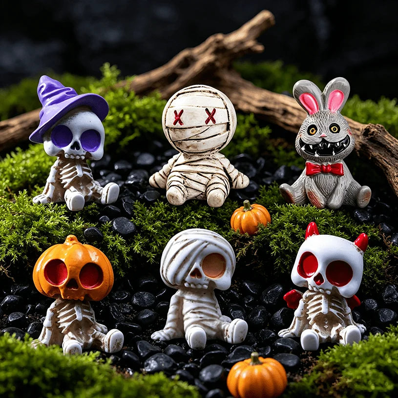 6pcs Halloween Resin Skeleton Mummy Figurines Mini Statues for DIY Micro Landscape Bonsai Car Desk Decor Gift for family