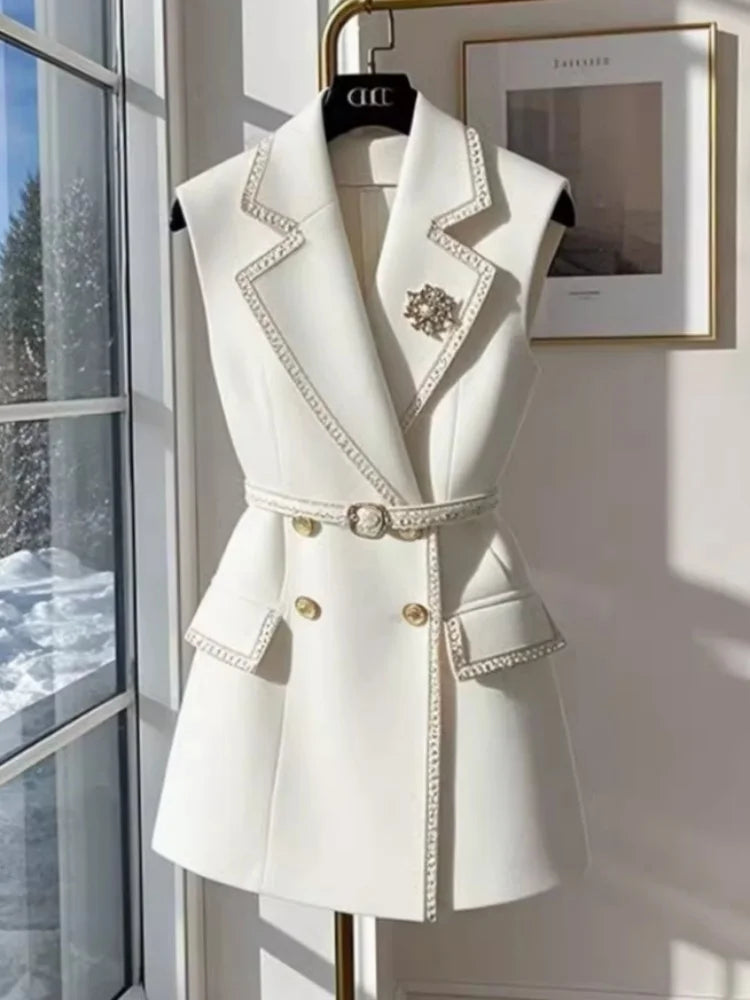 2 Piece White Jacket with Belt Summer Cotton Sleeveless Blazers Vest British Notched Double-breasted Office Lady Formal Elegant
