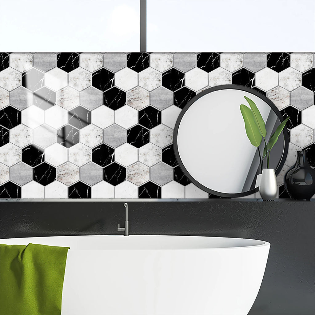 5 Styles Flat Hexagon Marble Embossing Tile Wall Stickers Oil-Proof Kitchen & Bathroom Washbasin Glossy Surface Decorative Mural