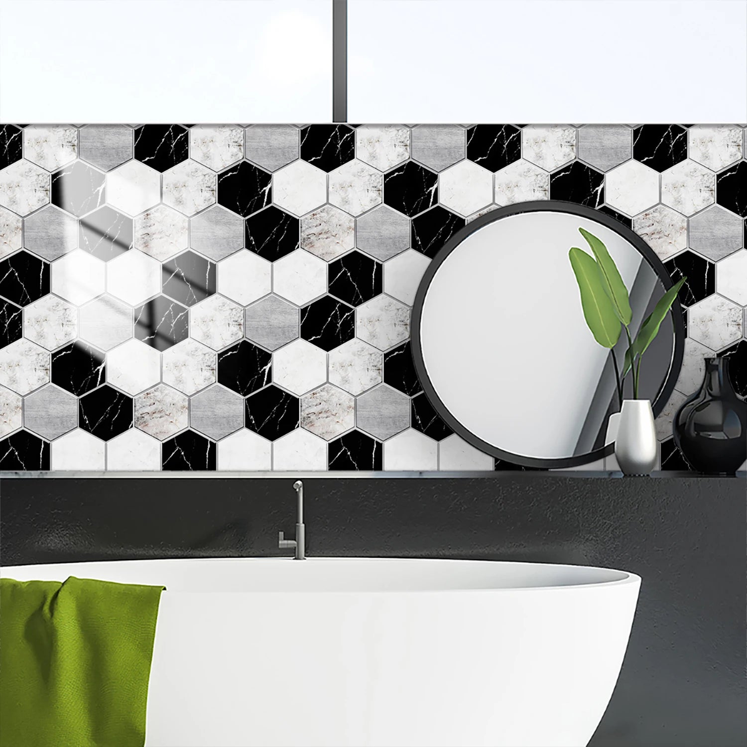 5 Styles Flat Hexagon Marble Embossing Tile Wall Stickers Oil-Proof Kitchen & Bathroom Washbasin Glossy Surface Decorative Mural