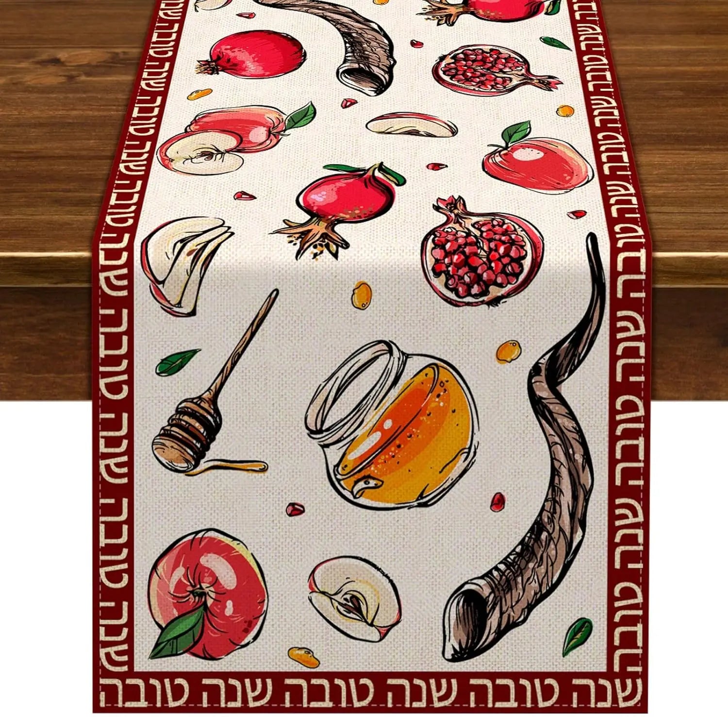 Rosh Hashanah Linen Table Runners Pomegranate Honey Shofar Horn Dresser Scarf Table Decor Festivals Wedding Home Party Decor