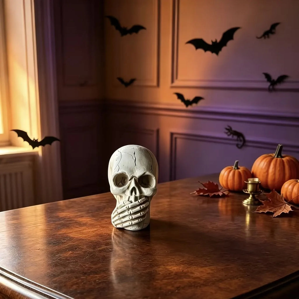 Resin skull figurine, replicating the classic poses of covering the mouth, ears, and eyes, perfect for Halloween decorations