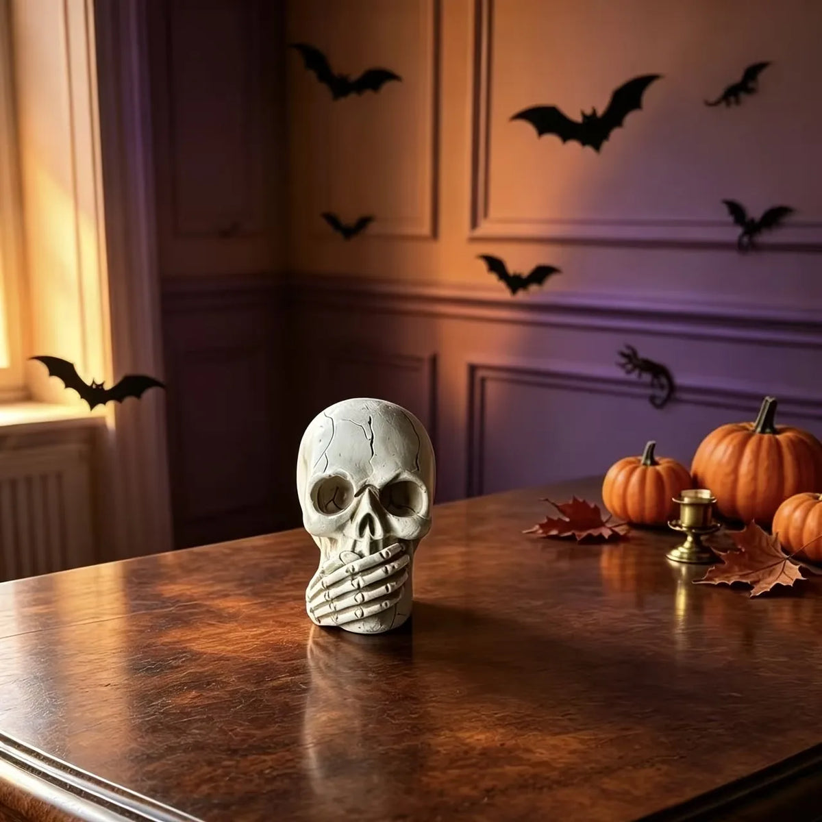 Resin skull figurine, replicating the classic poses of covering the mouth, ears, and eyes, perfect for Halloween decorations