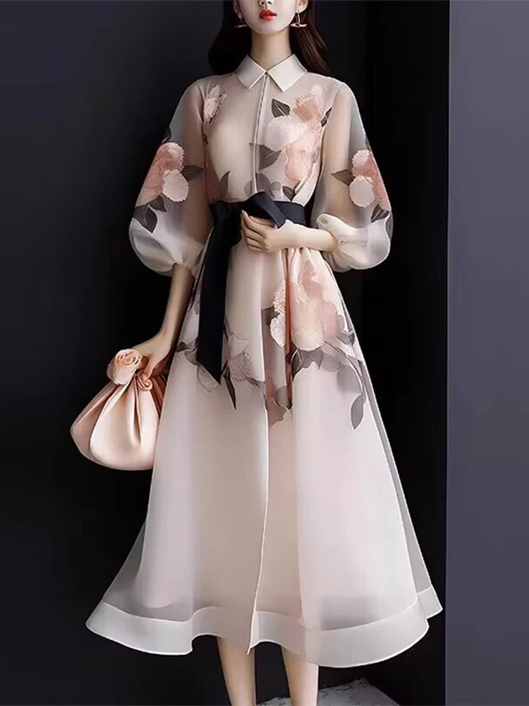 TWOTWINSTYLE Hit Color Elegant A Line Dresses For Women Lapel Lantern Sleeve High Waist Patchwork Lace Up Dress Female Fashion