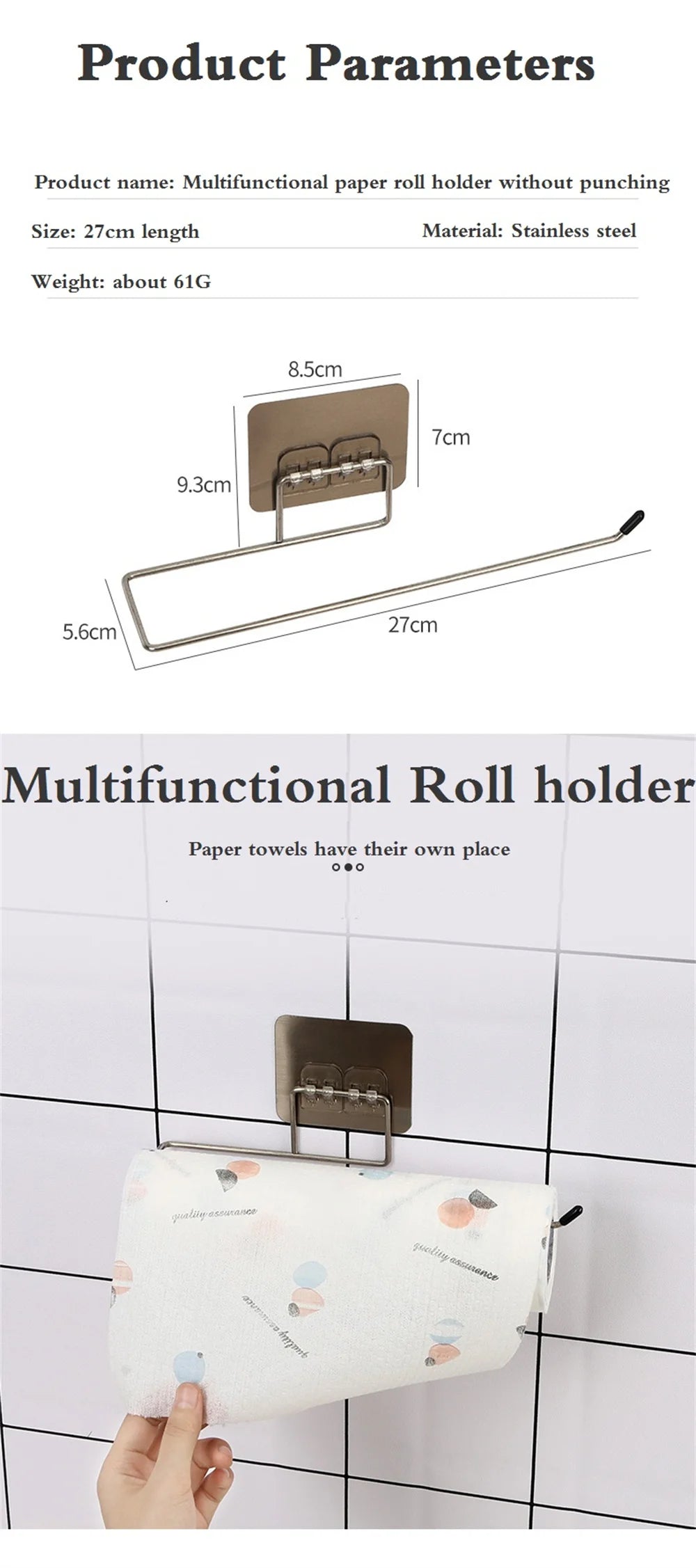 Hanging Paper Roll Towel Holder Bathroom Toilet Storage Stand Kitchen Organizer Napkin Rack Stainless Steel Adhesive Wall Mount