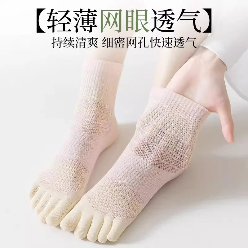 100% Cotton Five Toe Socks for Women - Breathable Striped Crew Socks, Comfy No Blister Toe Socks for Daily Wear