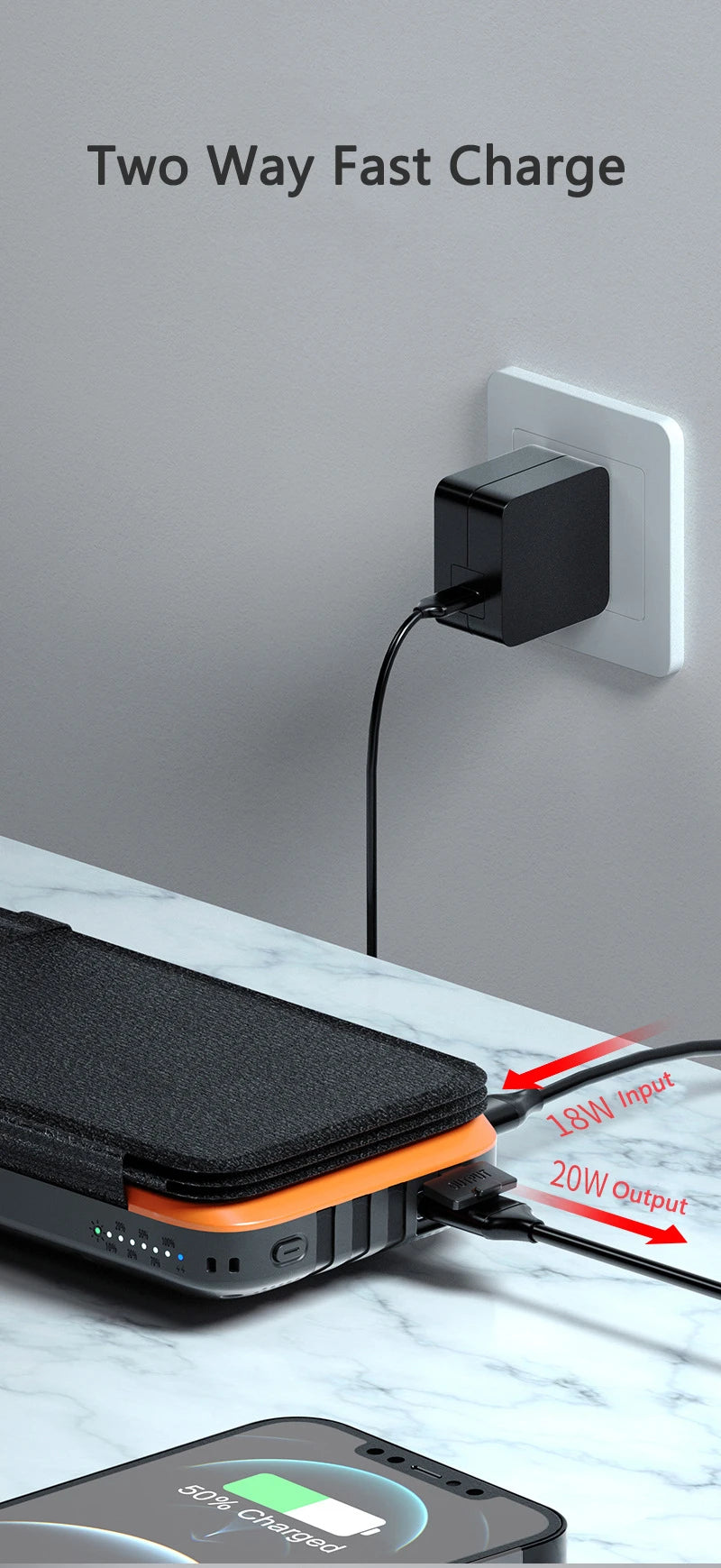 43800mAh Solar Power Bank Quick Wireless Charger External Battery Pack PD 20W Powerbank Built Cables LED Light for iPhone Xiaomi