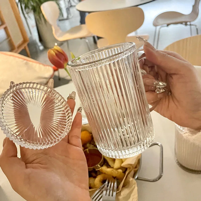 Transparent Coffee Mugs Simple Stripe Glass Cup with Lid Straw Tea Cup Juice Drinking Wine Beer Milk Breakfast Shot Glasses Set