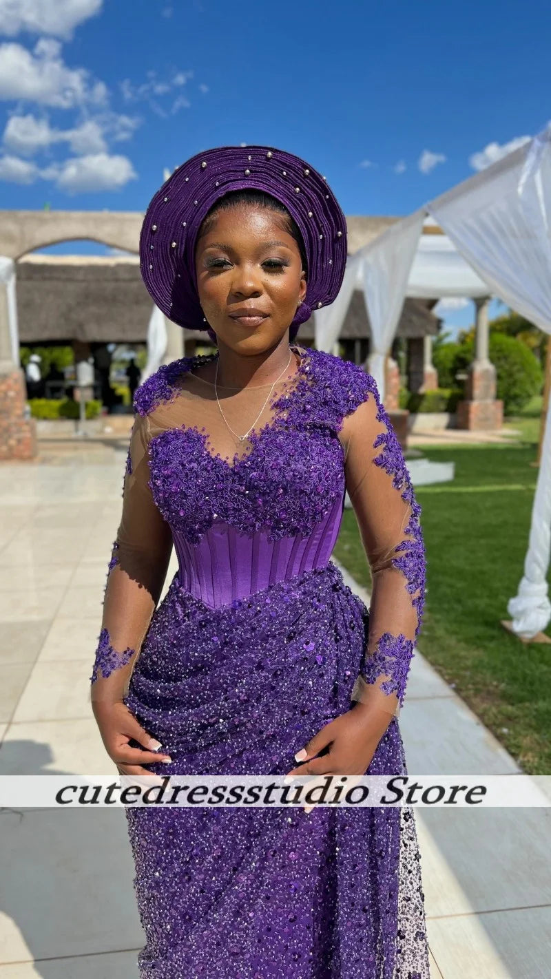 Dark Purple Beaded Applique Evening Dresses Customized Aso Ebi Sheer Collar Long Mermaid Wedding Party Dress Prom Gown For Women