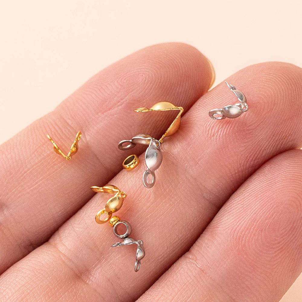 Stainless Steel Crimp Bead Tips Knot Covers Clamshell Fold-over