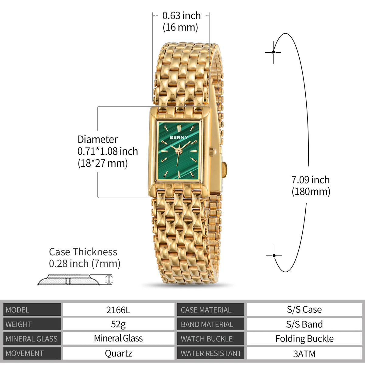 BERNY Golden Women Wristwatch Luxury Women Watch Square Golden