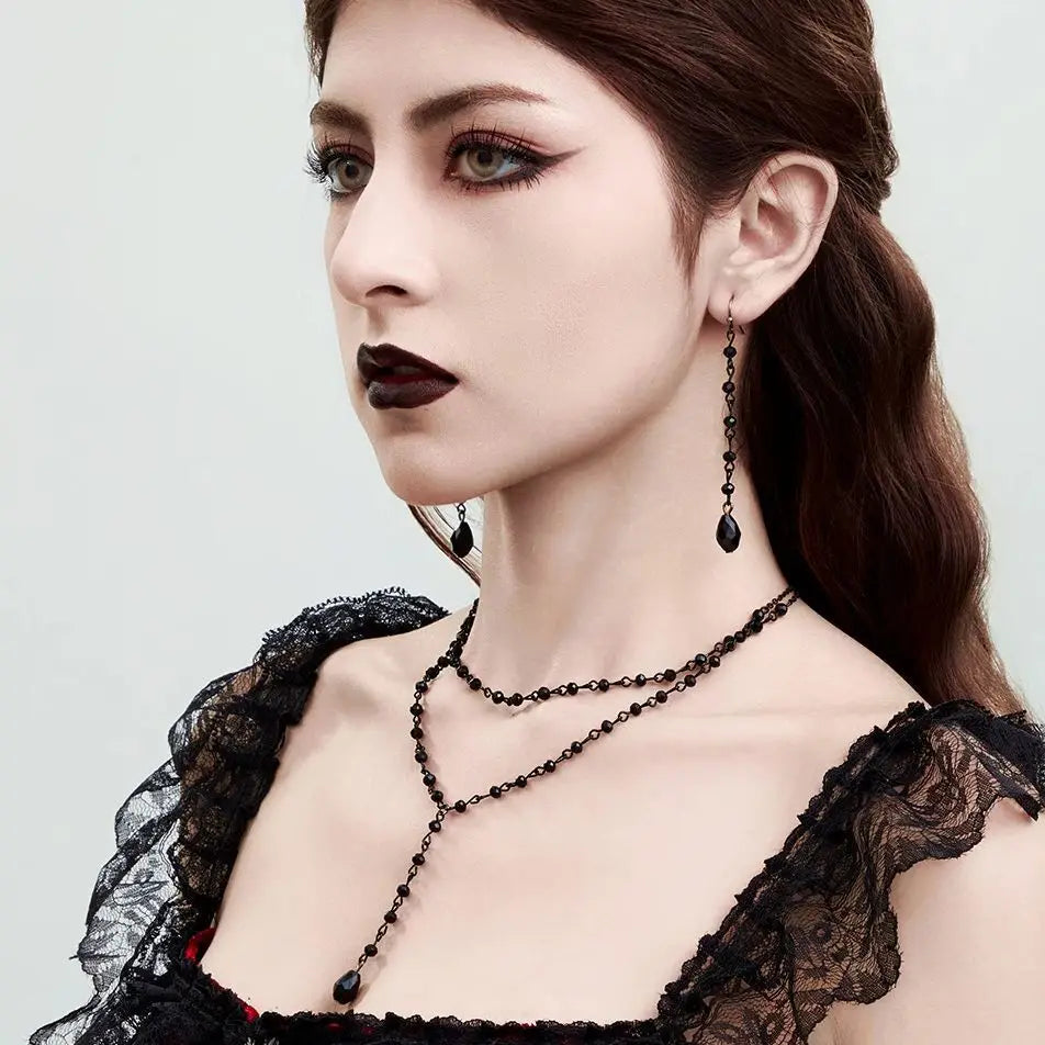 Ingemark Goth Black Imitation Crystal Chain Necklace Drop Earrings for Women Vintage Cross Jesus Moon Pendant Choker Jewelry Set