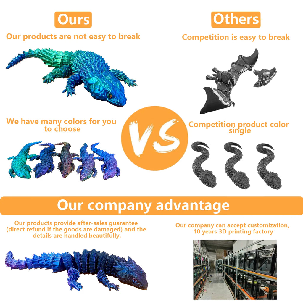 3D Printed Lizard Statue, Flexible 3D Printed Animal, Colorful Figurines Statue, Gifts, 36.5Cm/14.37In, 23.5Cm/9.25In
