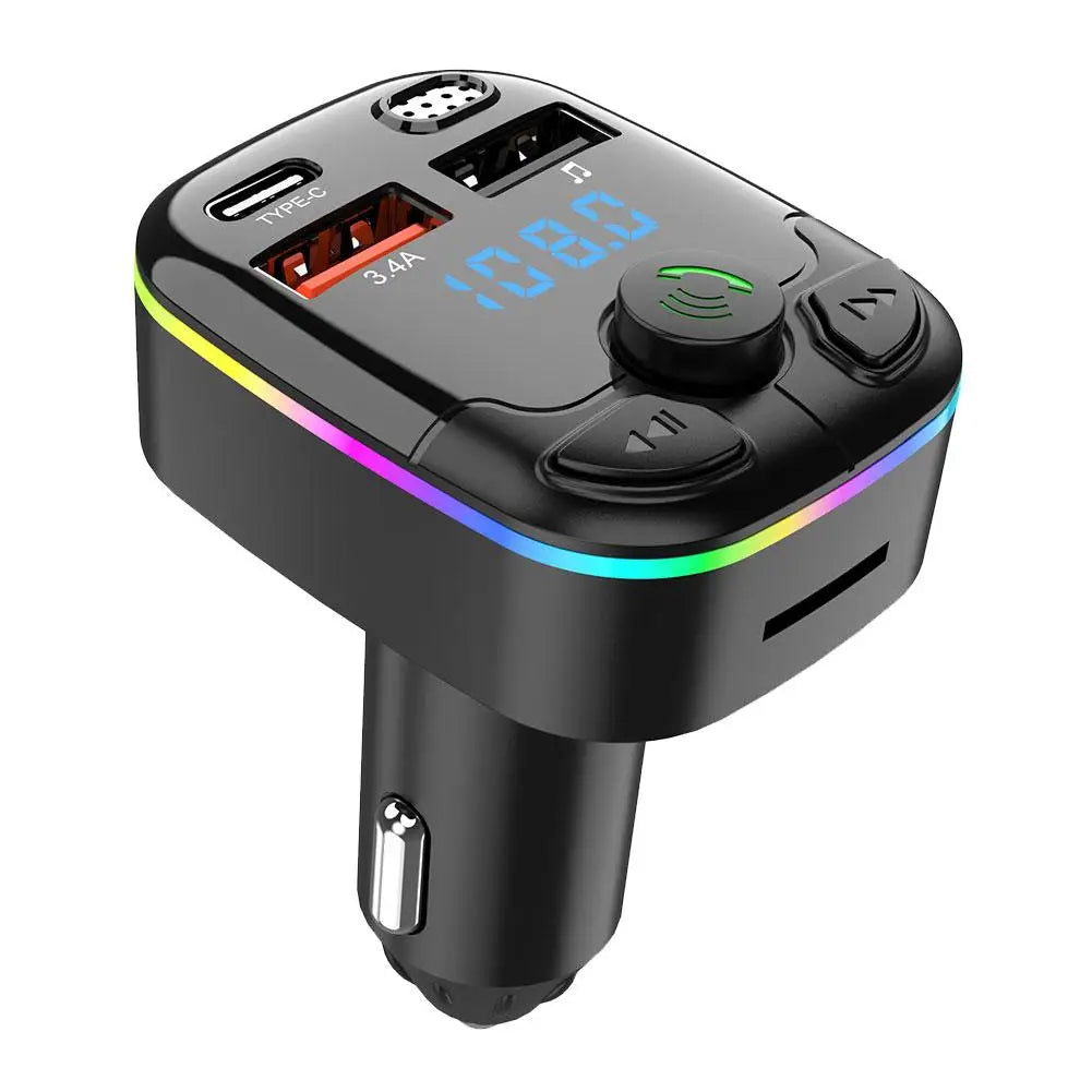 Bluetooth 5.0 Car FM Transmitter Wireless Charger PD Type C Fast Charge Dual USB Charger Ambient Light MP3 Player Handsfree