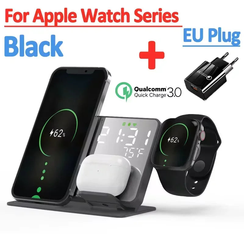 3 in 1 Wireless Charger For Apple Samsung Galaxy Watch 6 5 Pro S24 S23 S22 Fast Charging Station Alarm Clock Phone Charger Stand