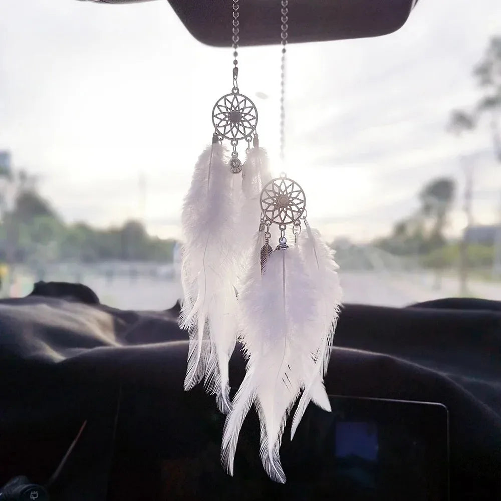 Feather Mirror Car Pendant for Girls Lucky Ornament Hanging Charm Home Decor Car Interior Accessories