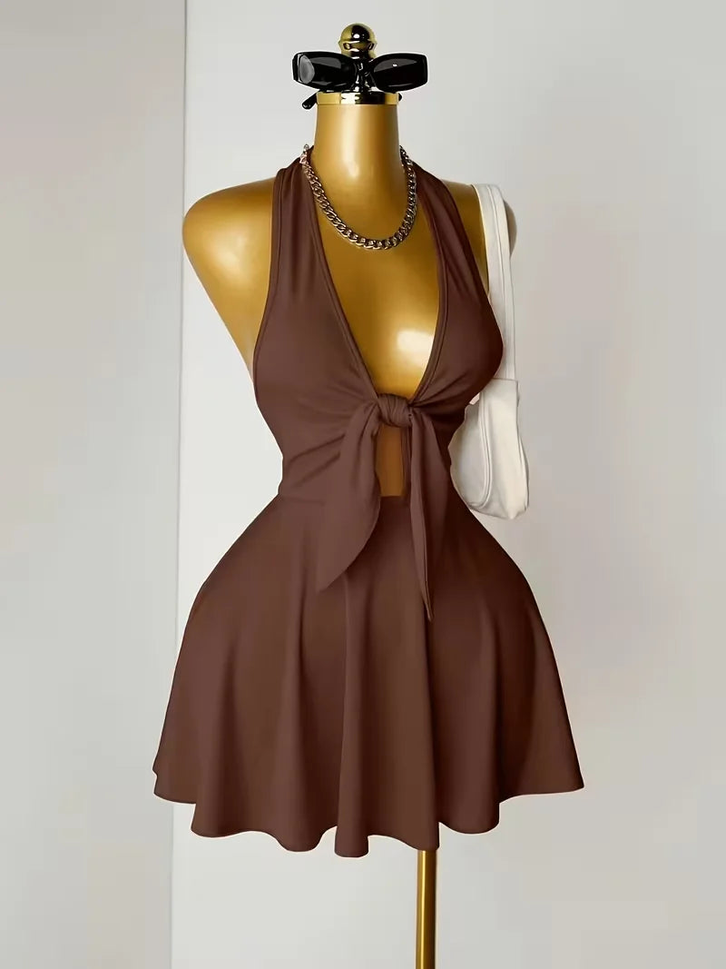 Women Halter Deep V Front Tie Cut Out Mini Dress Summer Y2k Night