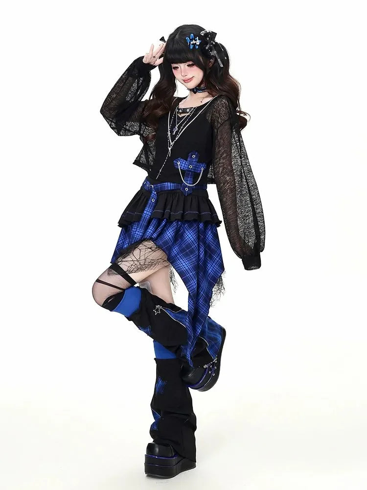 Gothic Y2K Punk Cami Dress Set Women Sheer Mesh Top High Waist