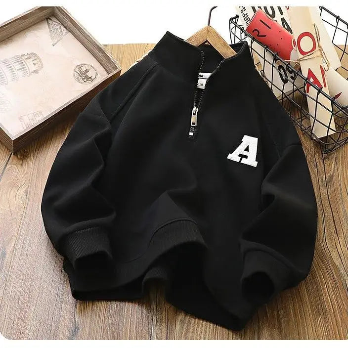 Boys & Girls 2025 New Arrival Mid-Big Size Spring/Autumn Stylish Stand Collar Semi-Zip Base Layer Sweatshirt