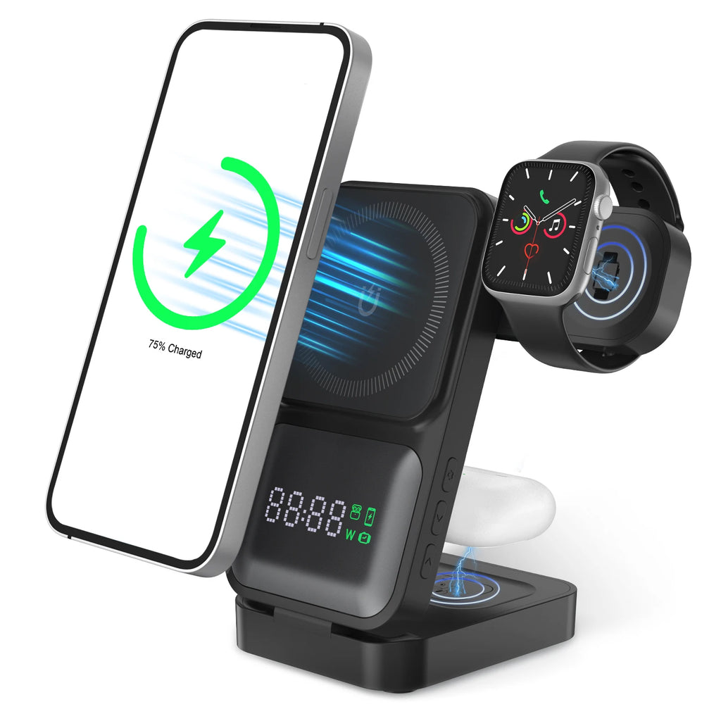 3in1 Foldable Wireless Charger Qi2 Multifunctional Stand Clock Wireless Charger Adapter Type-c Station For iPhone 16 15 Pro Max