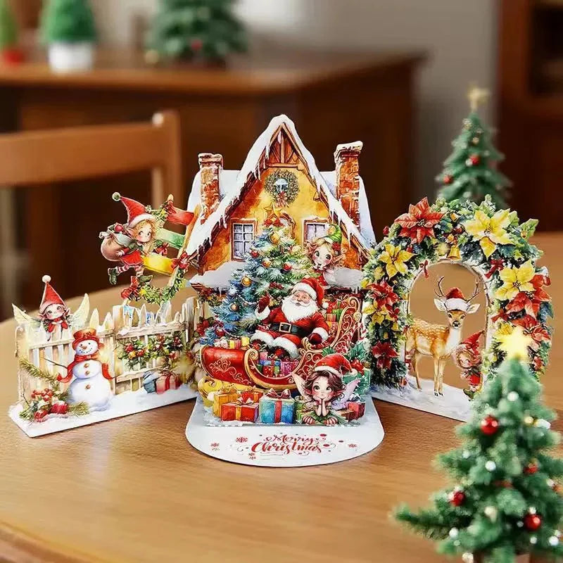3D Christmas Card Night Before Christmas Scene With Santa, Reindeer, Snowy Village & Moonlit Sky Festive Holiday Greeting Card F