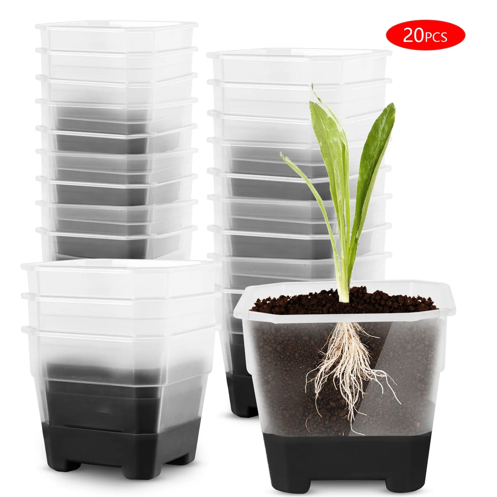 20pcs Seedling Pots - Reusable square planters with flexible silicone base and drainage holes to promote seedling root growth.