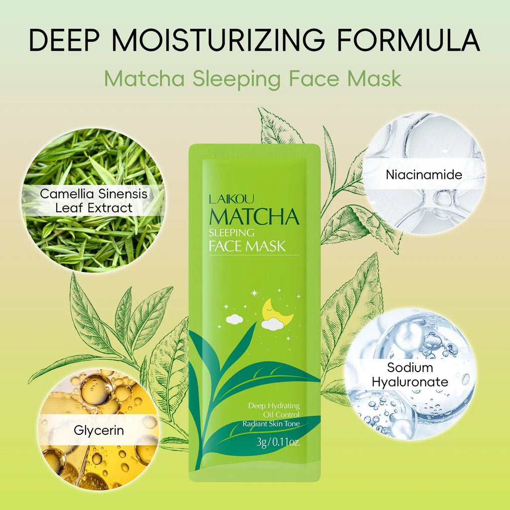 7Pcs LAIKOU Matcha Face Mask Moisturizing Green Tea Skin Sleeping Facial Mask Beauty Nourishing Oil Control Skin Care