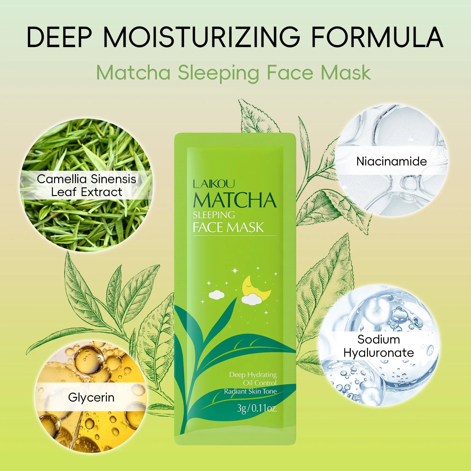 7Pcs LAIKOU Matcha Face Mask Moisturizing Green Tea Skin Sleeping Facial Mask Beauty Nourishing Oil Control Skin Care
