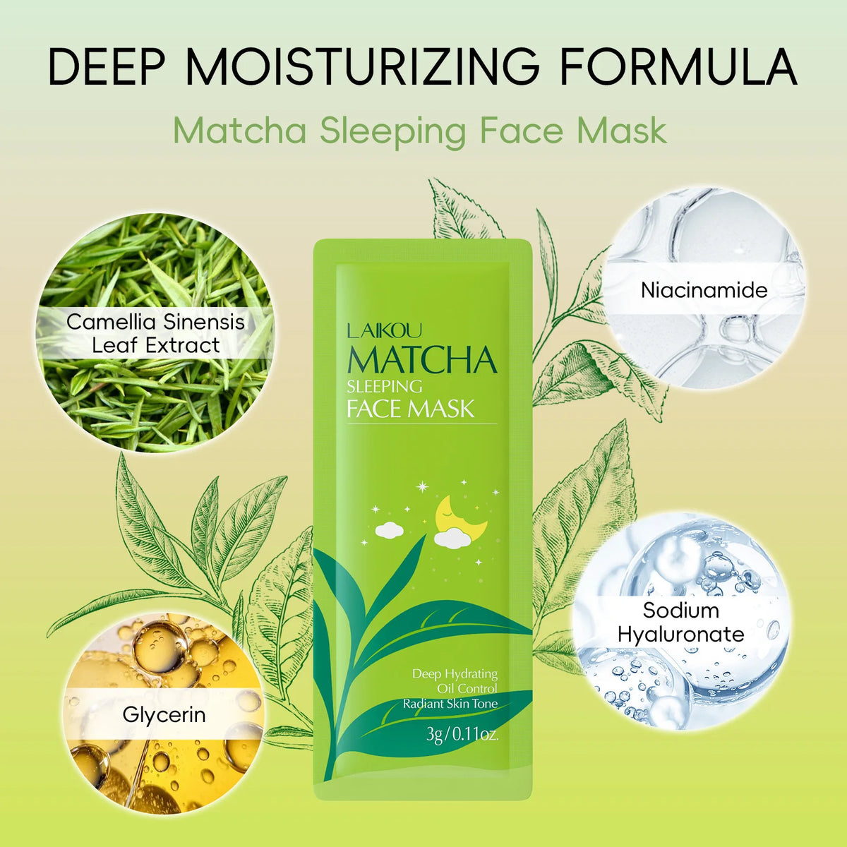 7Pcs LAIKOU Matcha Face Mask Moisturizing Green Tea Skin Sleeping Facial Mask Beauty Nourishing Oil Control Skin Care