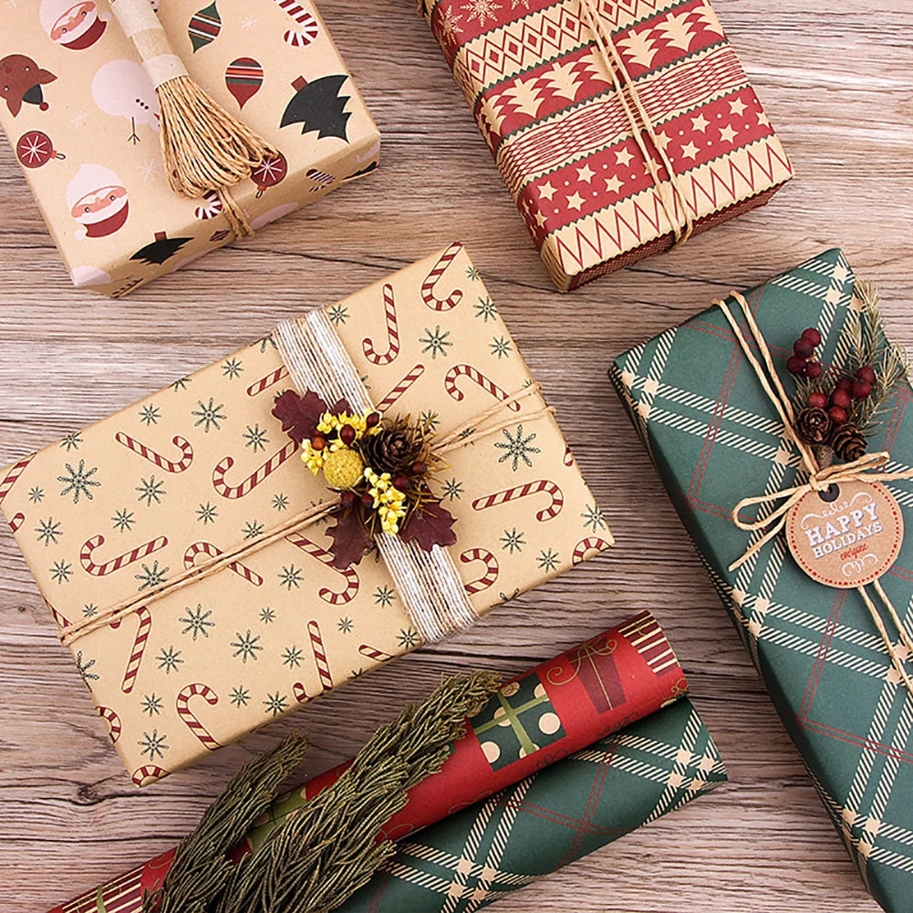 6Pcs Kraft Packaging Paper Retro Christmas Single-sided Wrapping Paper DIY Craft Paper Set for Party Birthday Halloween Gift