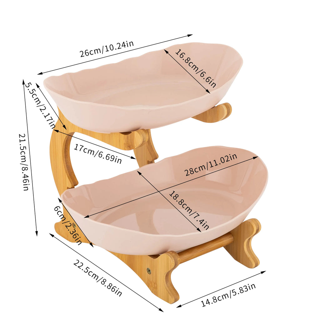 2 Tier Ceramic Fruit Bowl with Bamboo Wood Stand