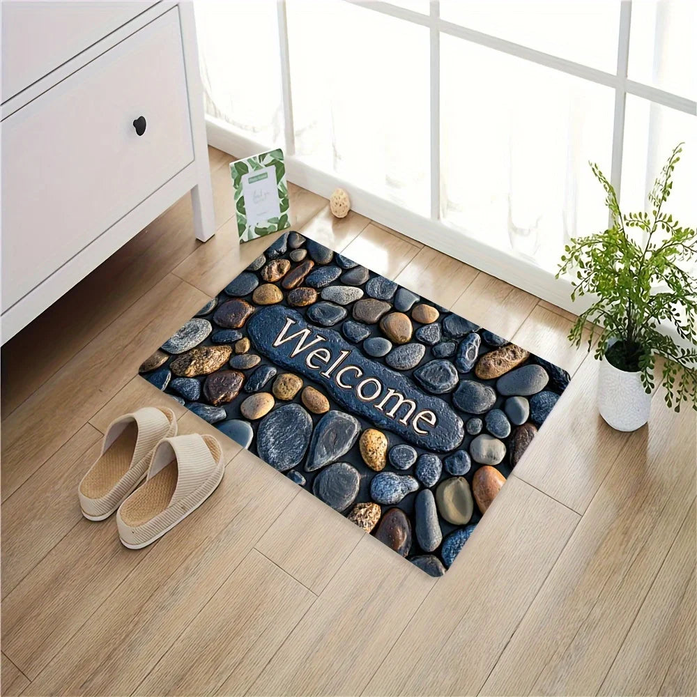 "Welcome on Pebbles" Non-Slip Floor Mat - Indoor and Outdoor Absorbent Foot Mat Suitable for Home Decoration,Durable and Stylish