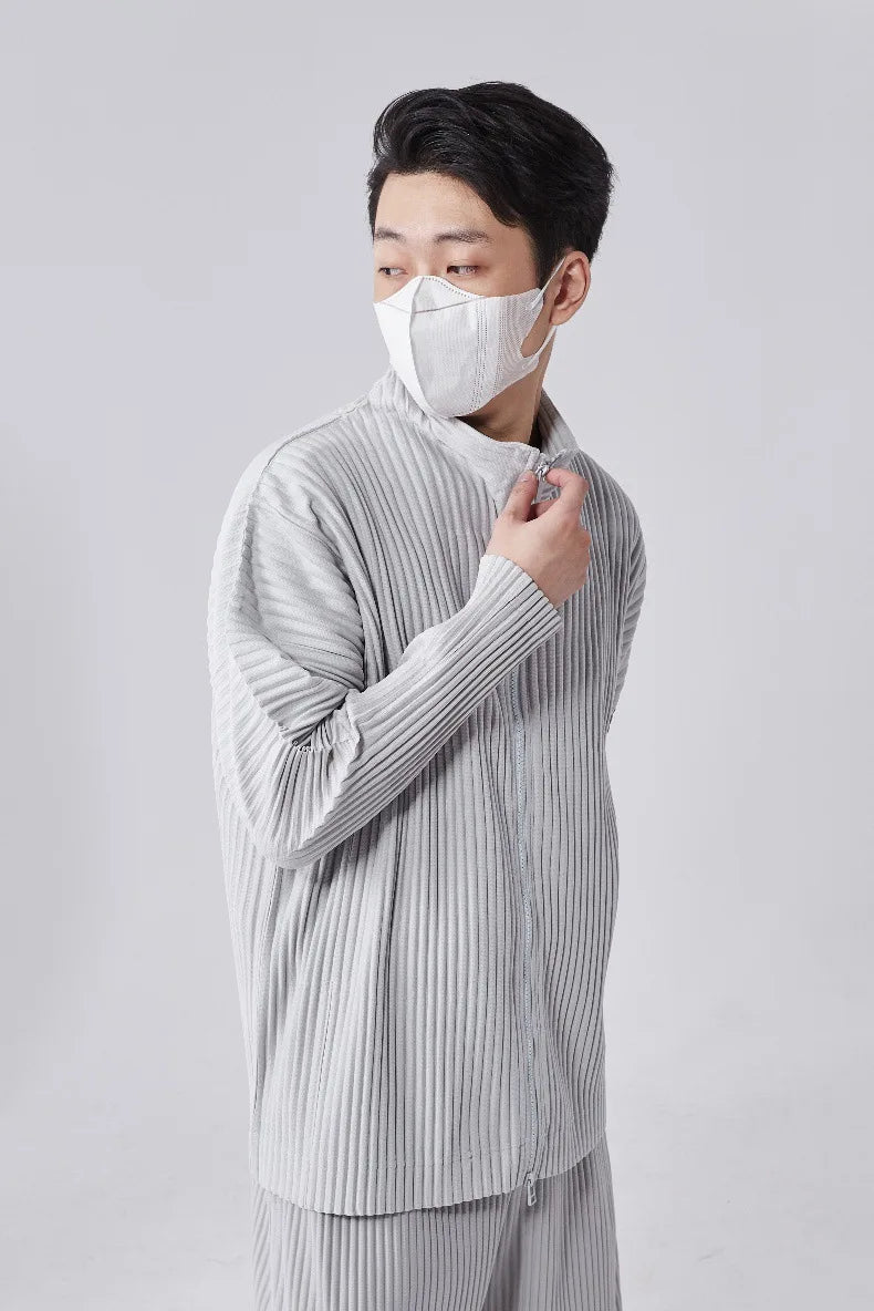 Miyake Men's Pleated Jacket Long Sleeve Standing Collar Fold Jacket Coat High Collar Zip Sweatshirt 2025 Spring Summer New Tops