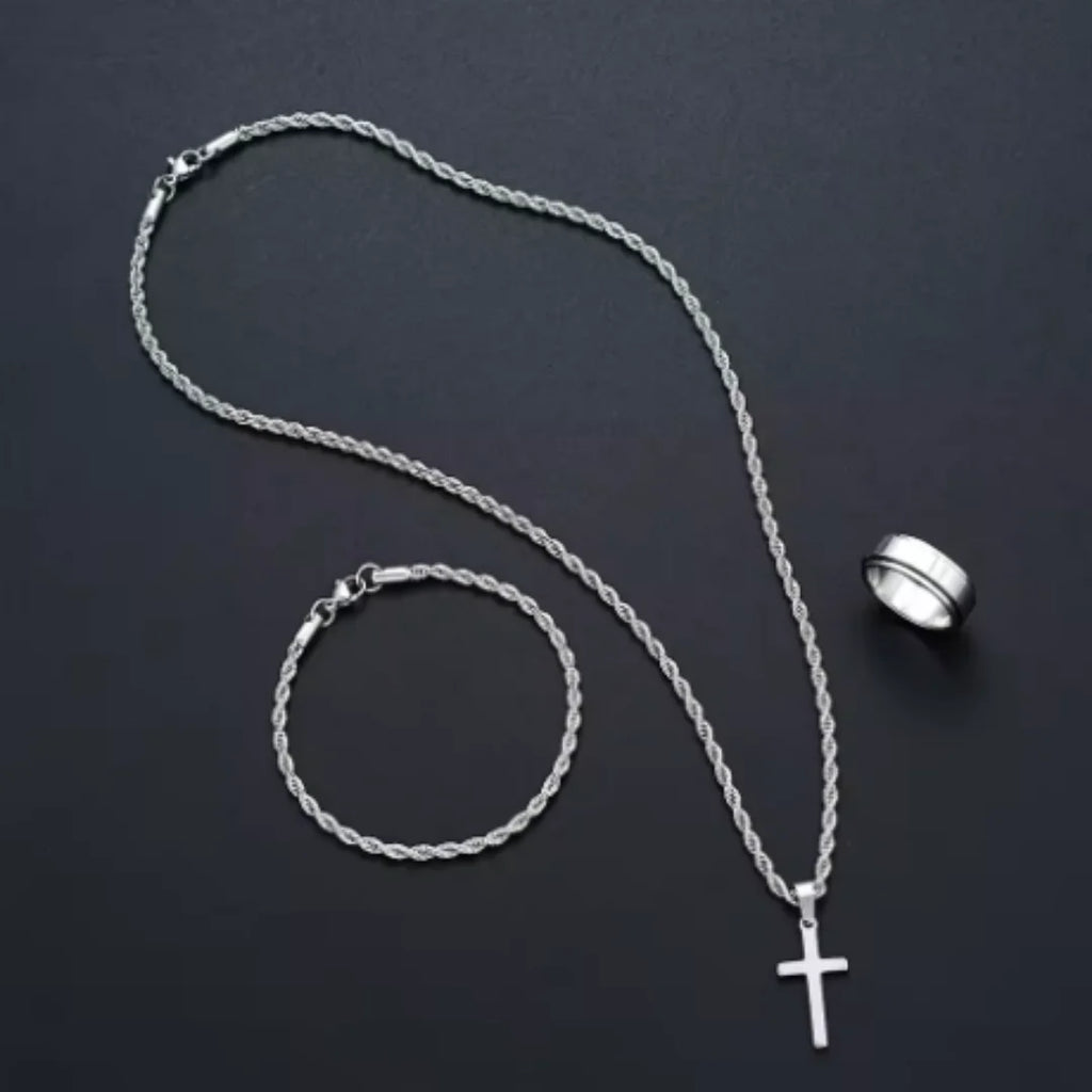 3PCSUnisex Minimalist Jewelry Set, Featuring A Fashionable Silver Cross Pendant, Twisted Rope Necklace, Bracelet, And Ring