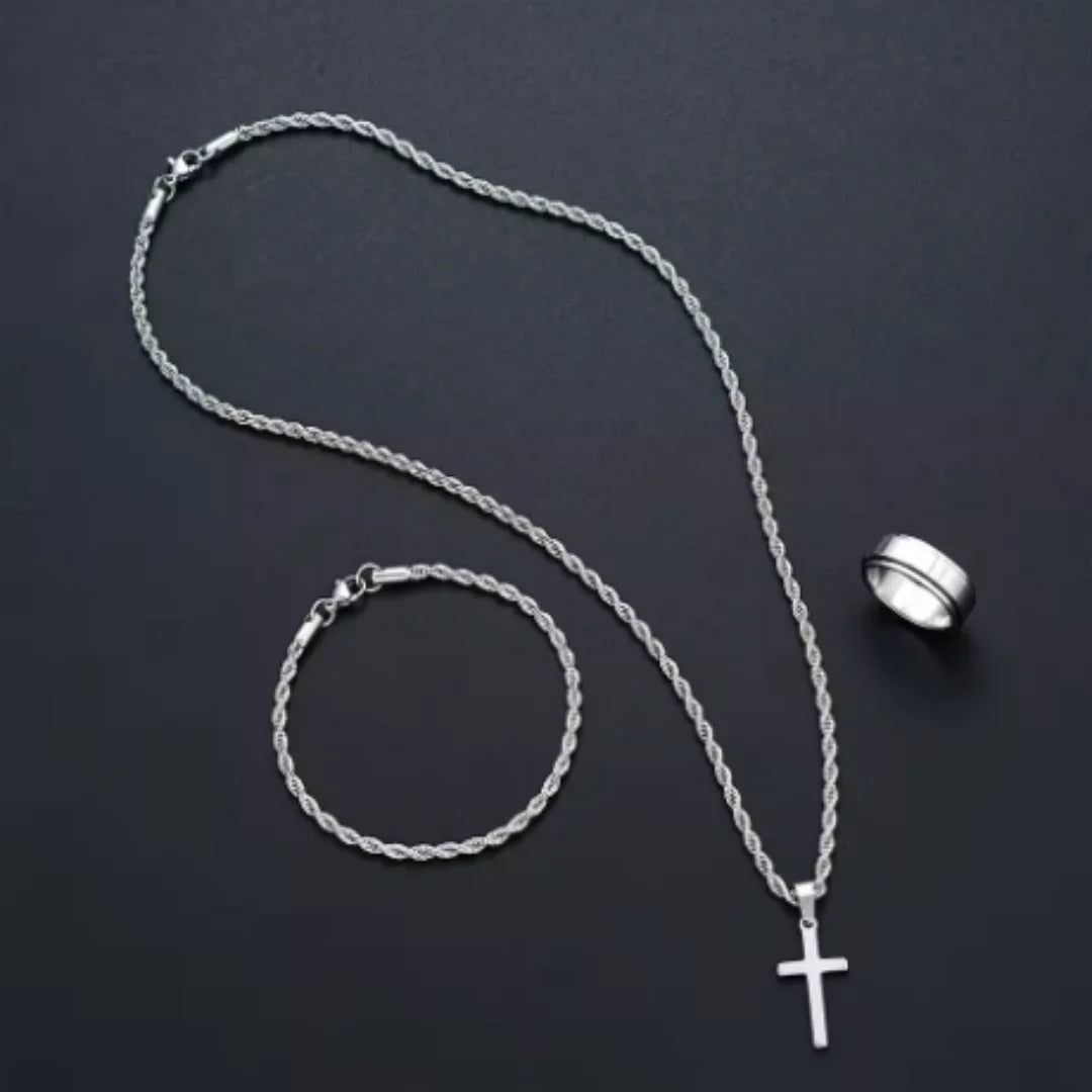 3PCSUnisex Minimalist Jewelry Set, Featuring A Fashionable Silver Cross Pendant, Twisted Rope Necklace, Bracelet, And Ring