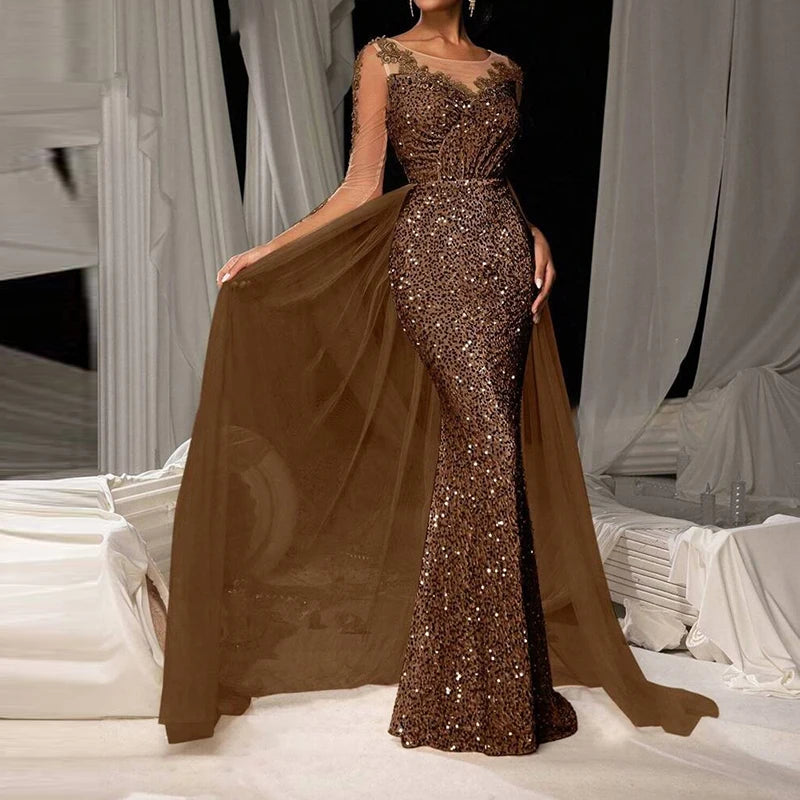 Fashion Solid Color High Waist Glitter Dress Luxury Long Sleeve Slim Dress Elegant V-neck Lace Sequin Mesh Spliced Evening Dress