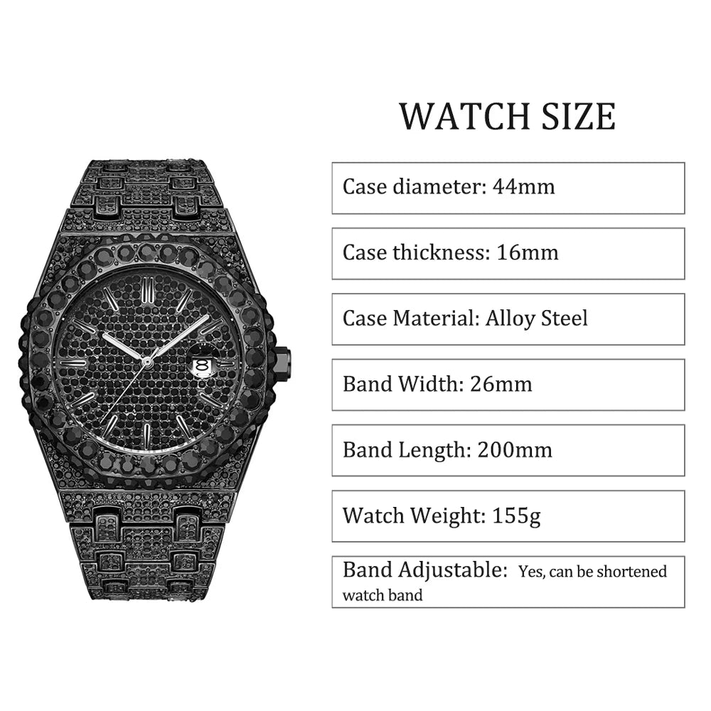 Iced-Out Black Rhinestone Men's Quartz Watch