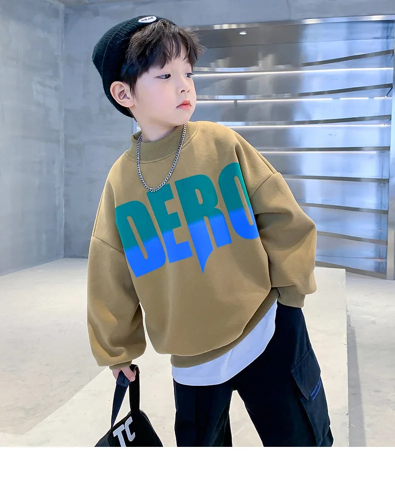 Winter Boys Warm Fleece Lined Half Turtleneck Alphabet Sweatshirt School Kids Track Pullover Coat Tops Child Work Jumper 3-16Yrs