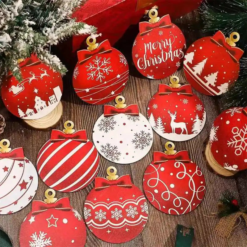 12Pcs Christmas Wooden Ball Ornaments Xmas Tree Hanging Pendant DIY Craft Merry Christmas Decoration For Home 2025 New Year Gift