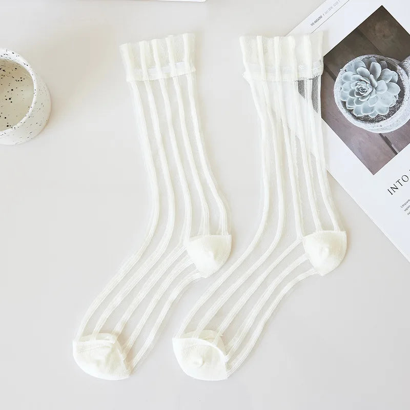 Fashion Striped Summer Socks Women Ultra-thin Transparent Crystal Silk Socks Korean Style Harajuku Streetwear Nylon Long Socks